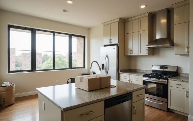 A high-rise apartment kitchen mid move-in