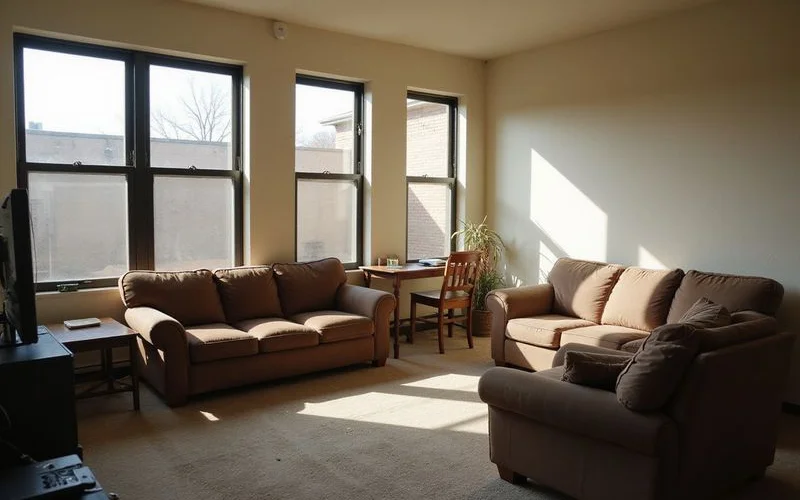 An older well-maintained Fort Worth apartment living room