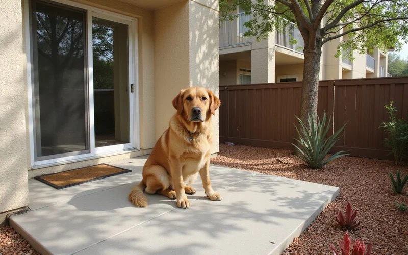 A large dog sitting calmly on a ground-floor apartment patio