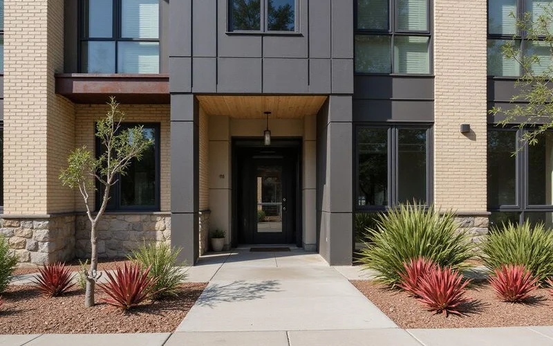 A West 7th mid-rise facade with charcoal cladding