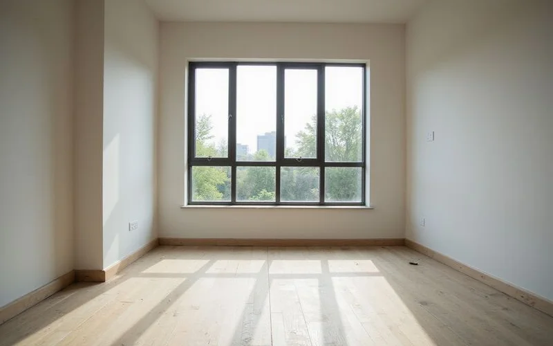 An empty brand-new apartment with bare floors and afternoon light
