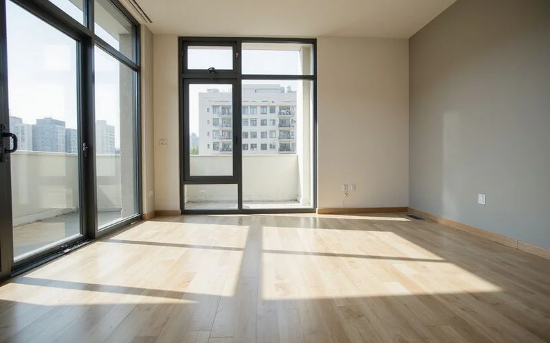 An empty brand-new apartment interior with bare floors and afternoon light