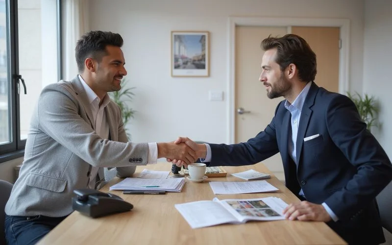 A leasing agent and a locator shaking hands across a desk
