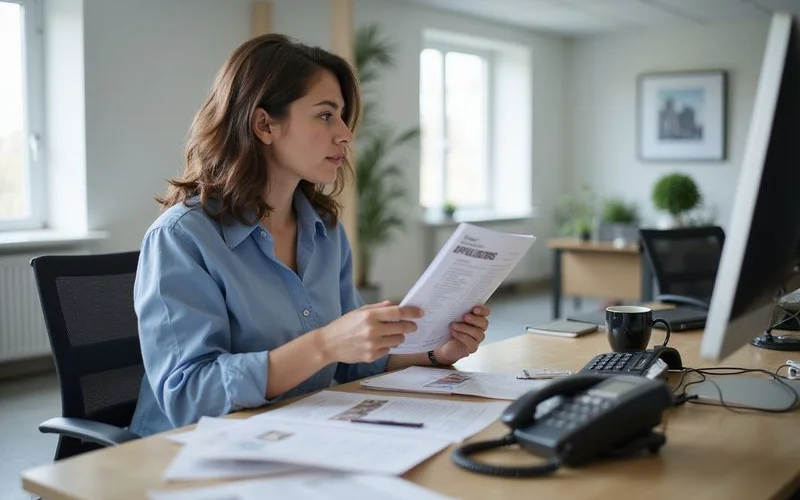 A leasing manager reading a printed application package at a desk
