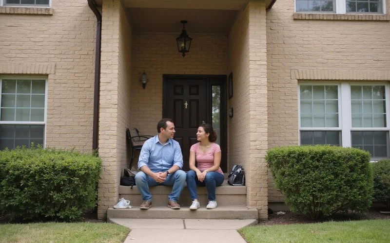 A parent and adult child talking outside a Fort Worth apartment building
