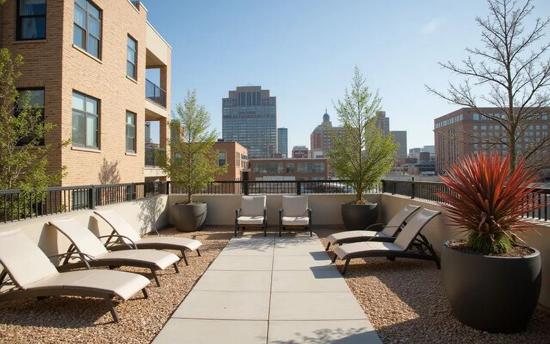 An apartment rooftop terrace overlooking downtown Fort Worth