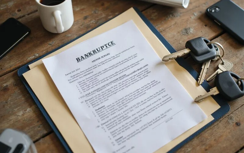 A bankruptcy discharge notice in a document folder beside apartment keys