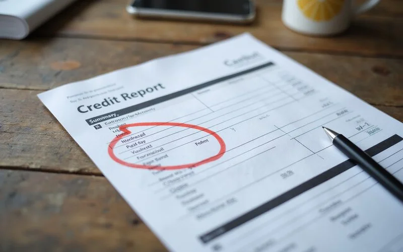 A credit report summary with the score band circled
