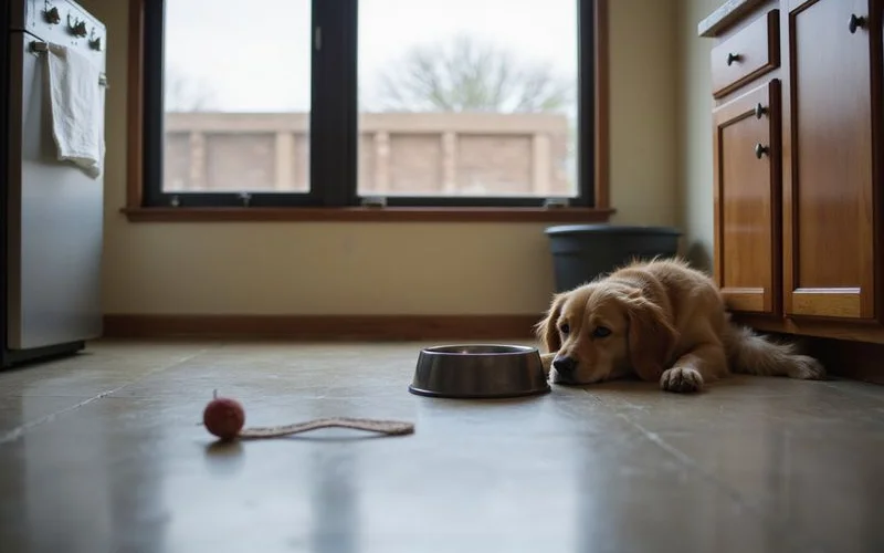 A dog bowl and worn toy on a lived-in apartment kitchen floor