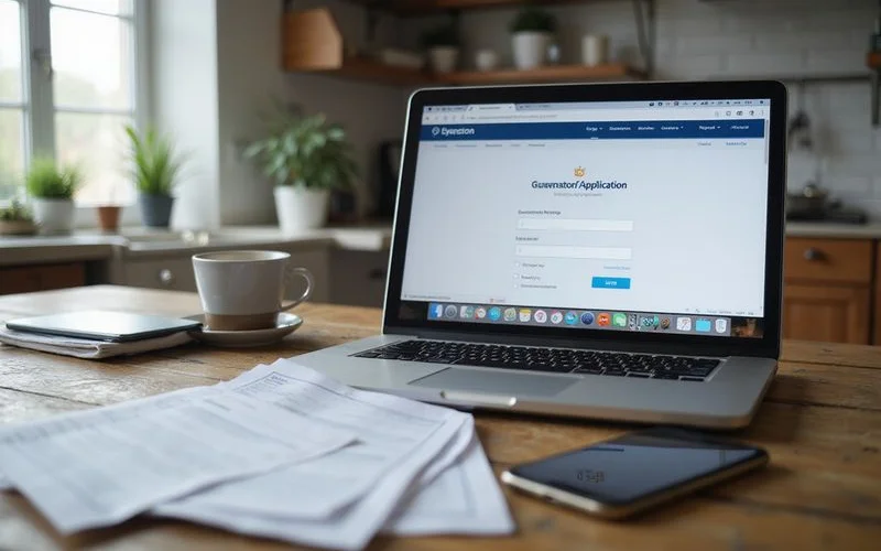 A guarantor application open on a laptop beside a stack of 1099 forms