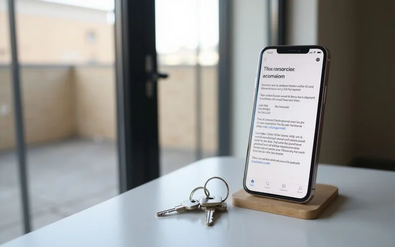 A guarantor bond confirmation on a phone beside apartment keys