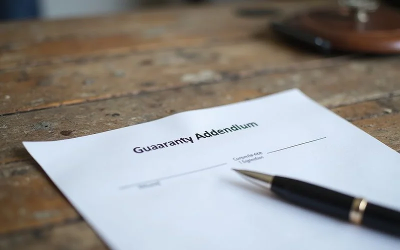 A guaranty addendum signature line with a pen resting on the page