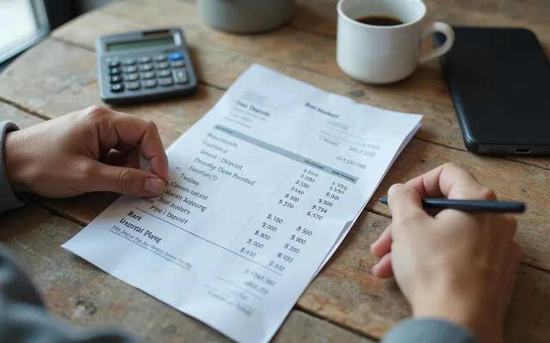 A hand highlighting monthly deposit totals on a printed bank statement