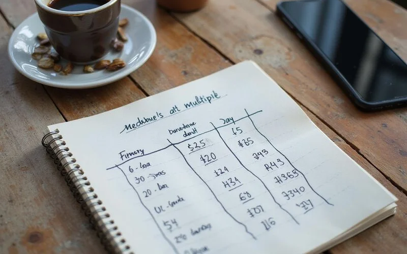 A handwritten table of rent figures and income needed at each multiple