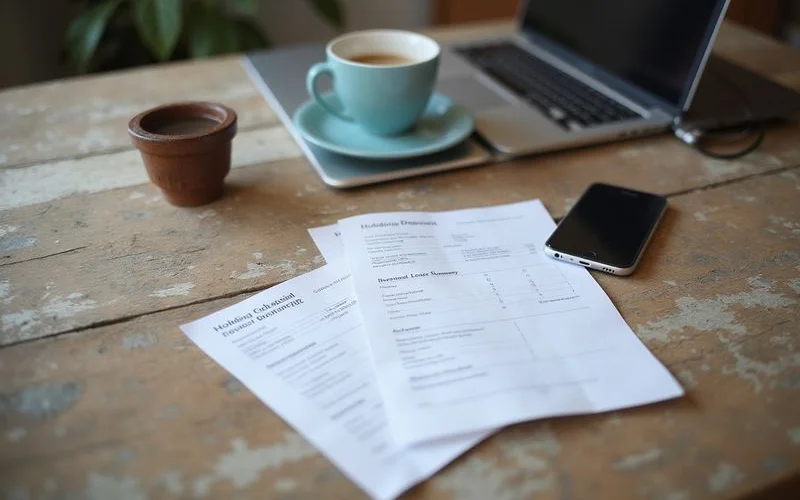 A holding deposit receipt and lease summary on a kitchen table