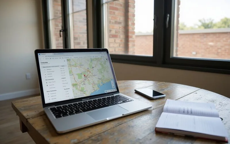 A commute map with drive times open on a laptop beside a notebook