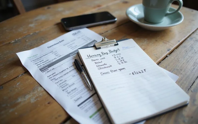 A Leave and Earnings Statement beside a notepad with a housing budget