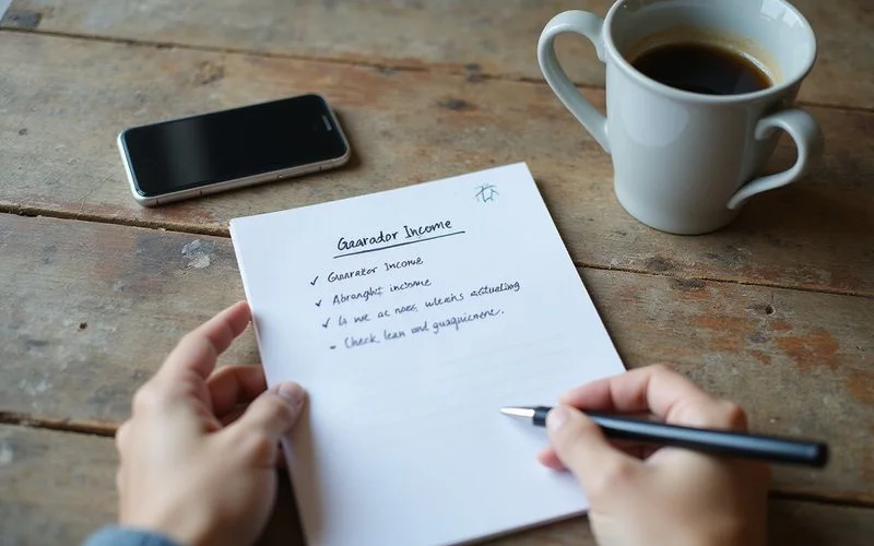 A notepad listing guarantor income and credit requirements