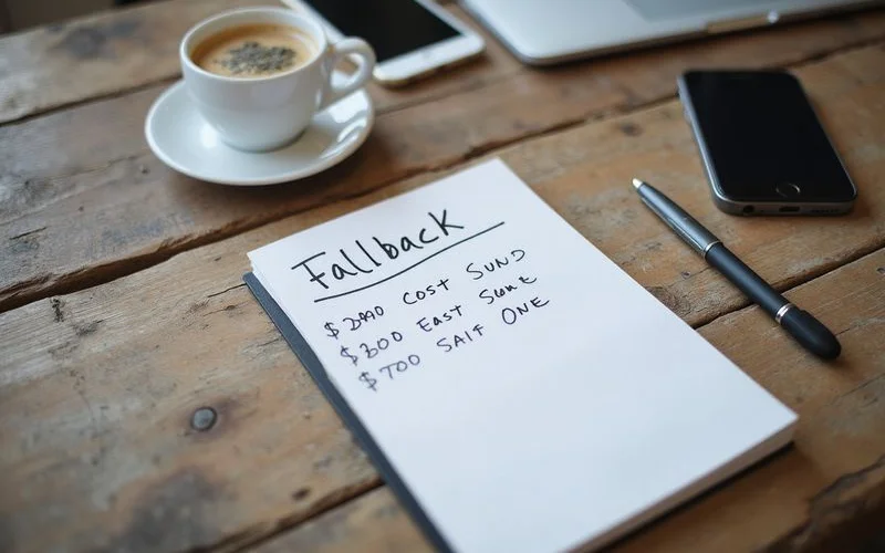 A notepad listing three fallback options with costs beside each
