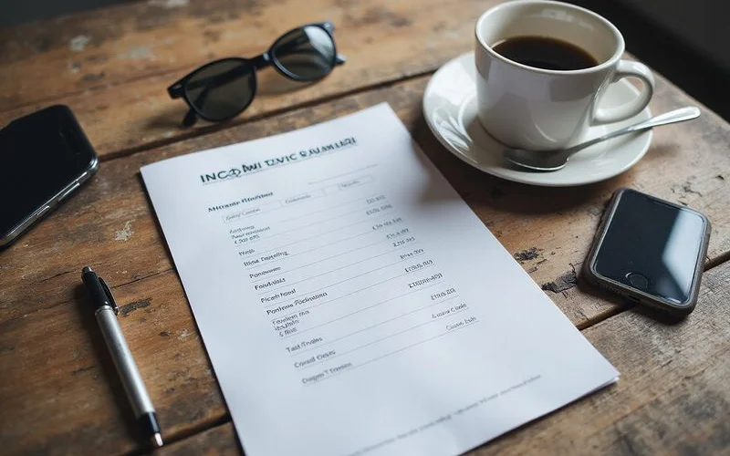 A one-page income cover summary with average monthly income at the top
