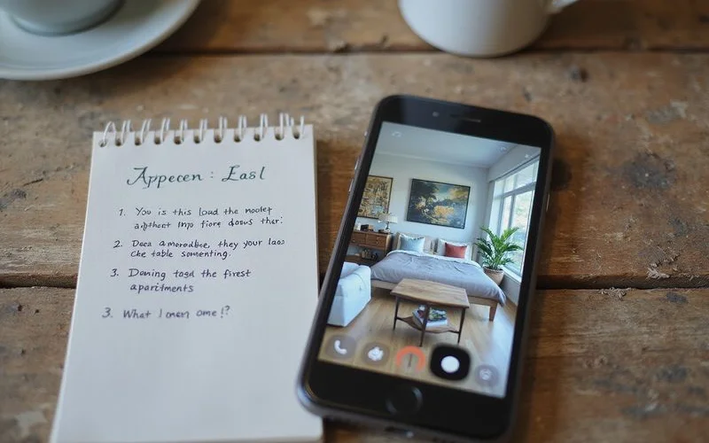 A 3D virtual apartment tour open on a phone beside a notepad of questions