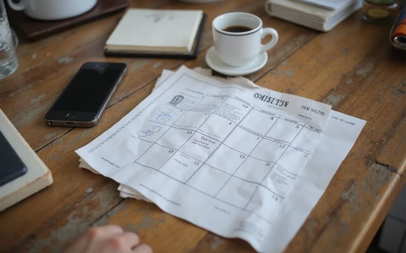 A printed court notice beside a calendar with dates circled