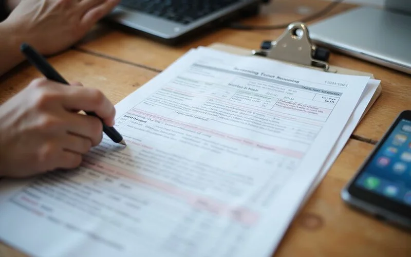 A tenant screening report printout with highlighted lines on a leasing office desk