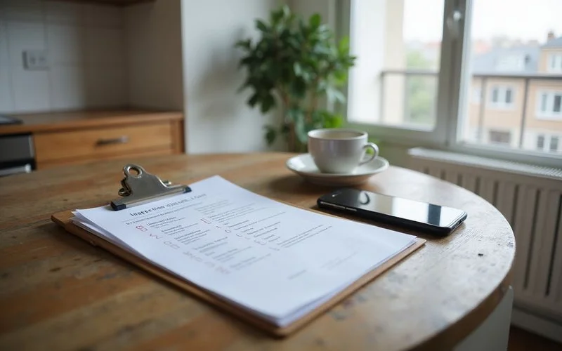 An inspection checklist on a clipboard resting on an empty apartment counter