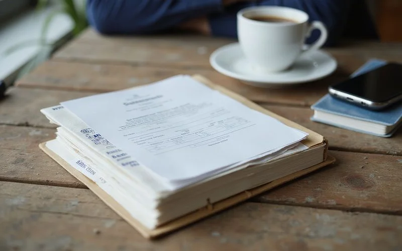 An organised document folder with labelled tabs for statements and returns