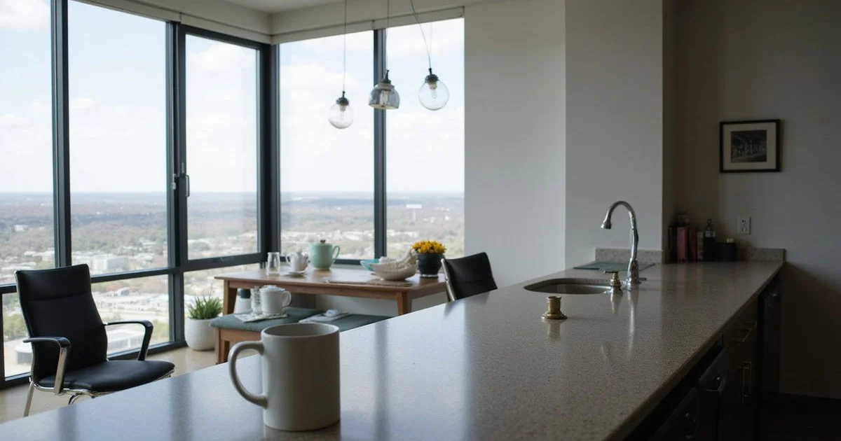 A bright Fort Worth high-rise apartment interior with floor-to-ceiling windows