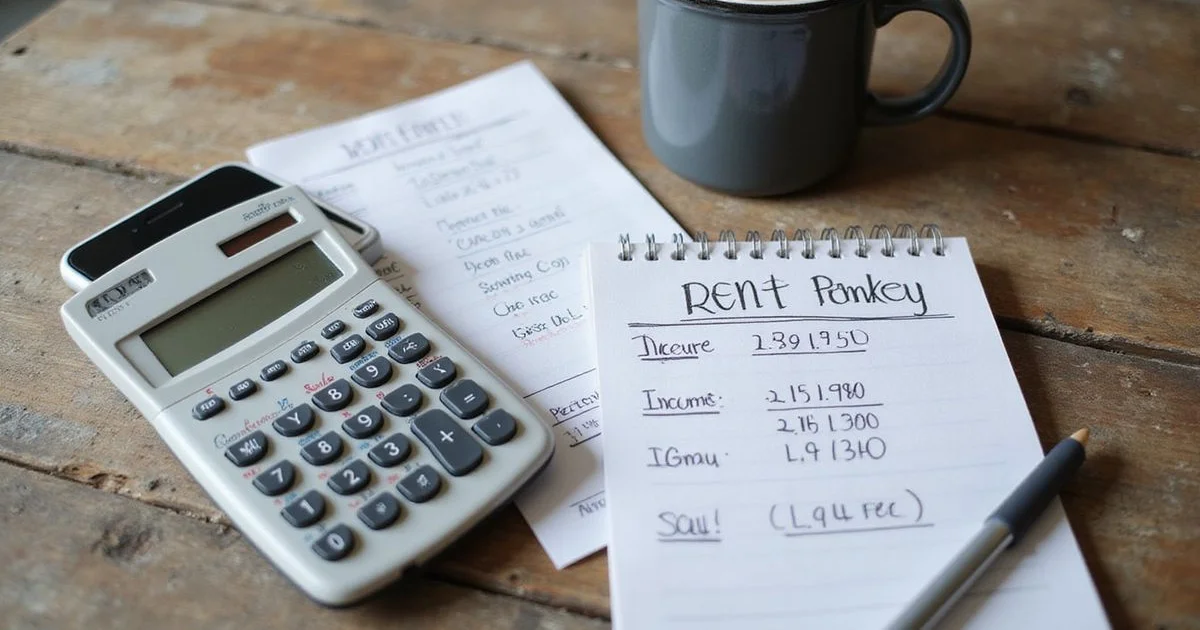 A calculator and notepad with income multiple arithmetic worked out beside a rent listing
