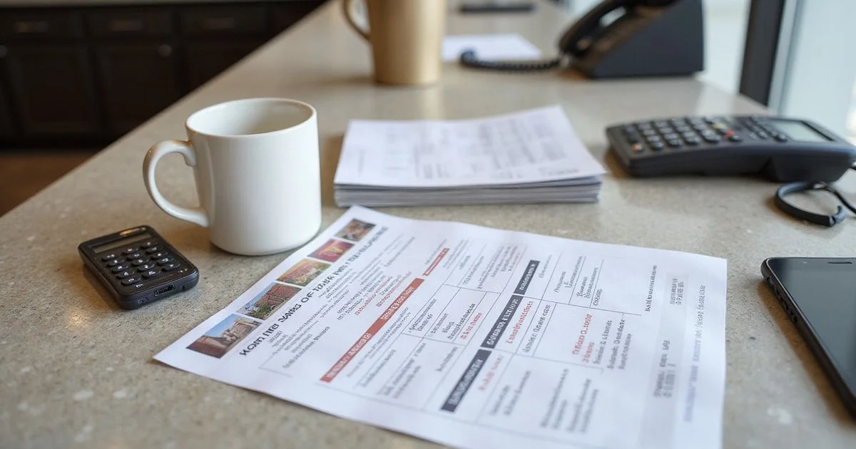 A concession offer sheet and calculator on a stone counter in a leasing office