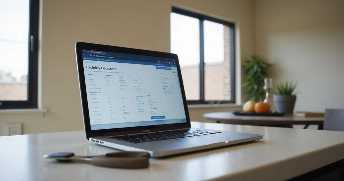 A laptop open to an electricity plan comparison on an apartment kitchen counter
