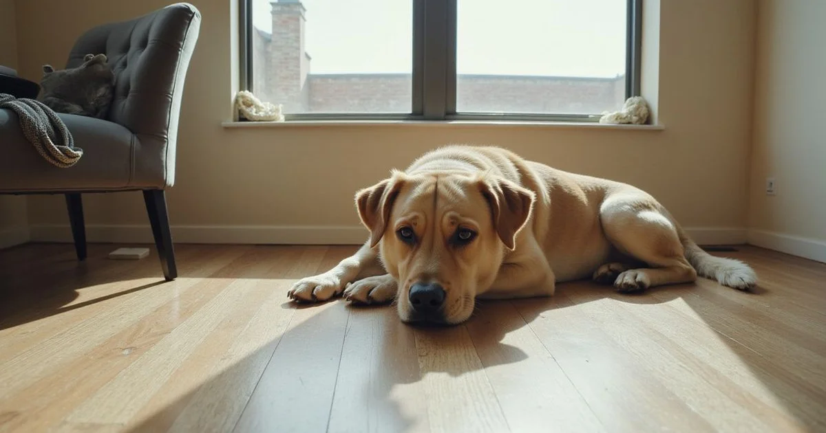 A large dog lying on the floor of a bright Fort Worth apartment