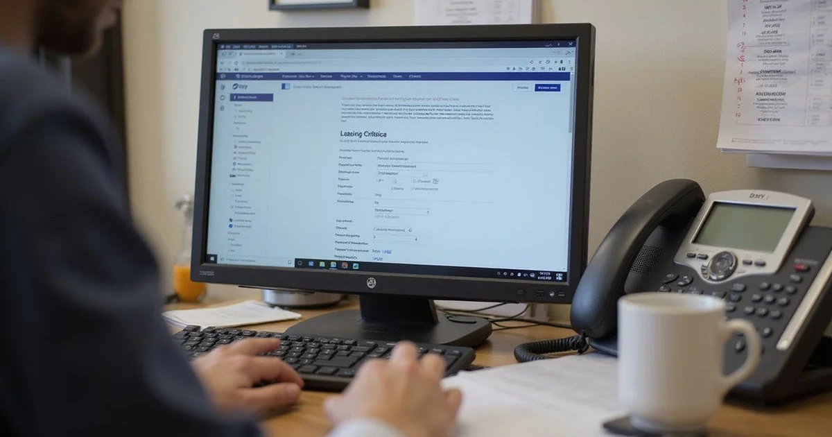 A leasing office computer showing an application in review beside a printed criteria sheet