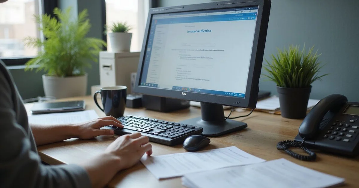 A leasing office computer showing an income verification flag beside an open document folder