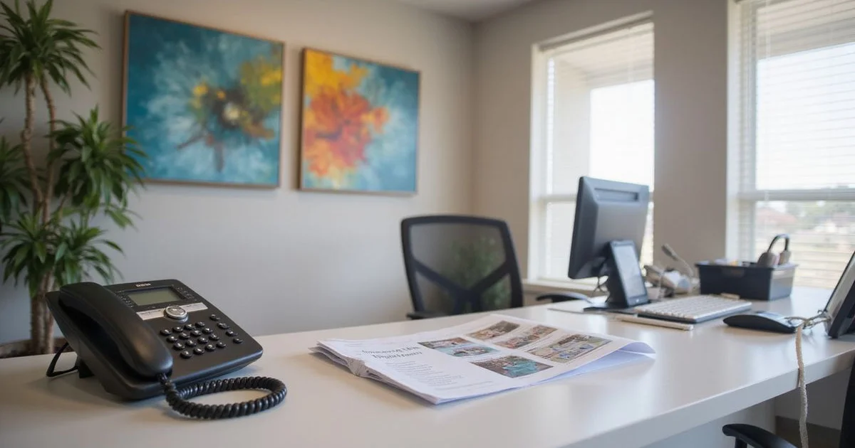 A leasing office front desk with a phone and a printed property list