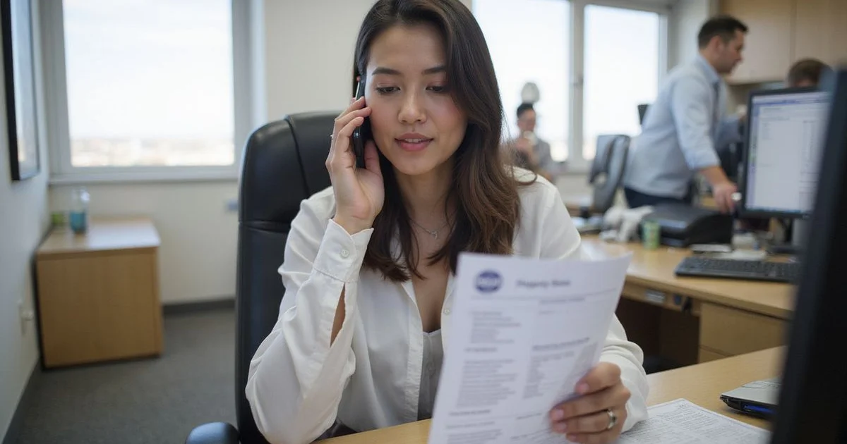 A locator on the phone with a leasing office, printed property list on the desk