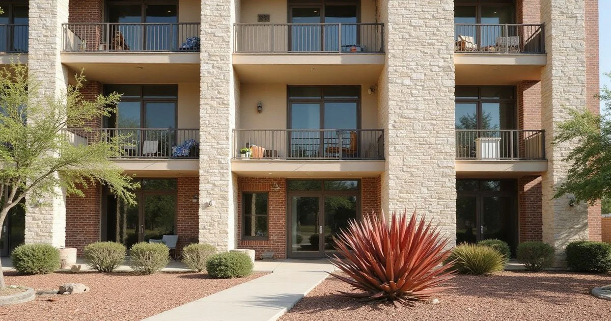 A partly occupied new Fort Worth apartment building, some balconies furnished and others empty