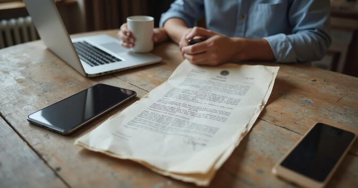 An old lease and a collection letter spread out on a kitchen table beside a laptop