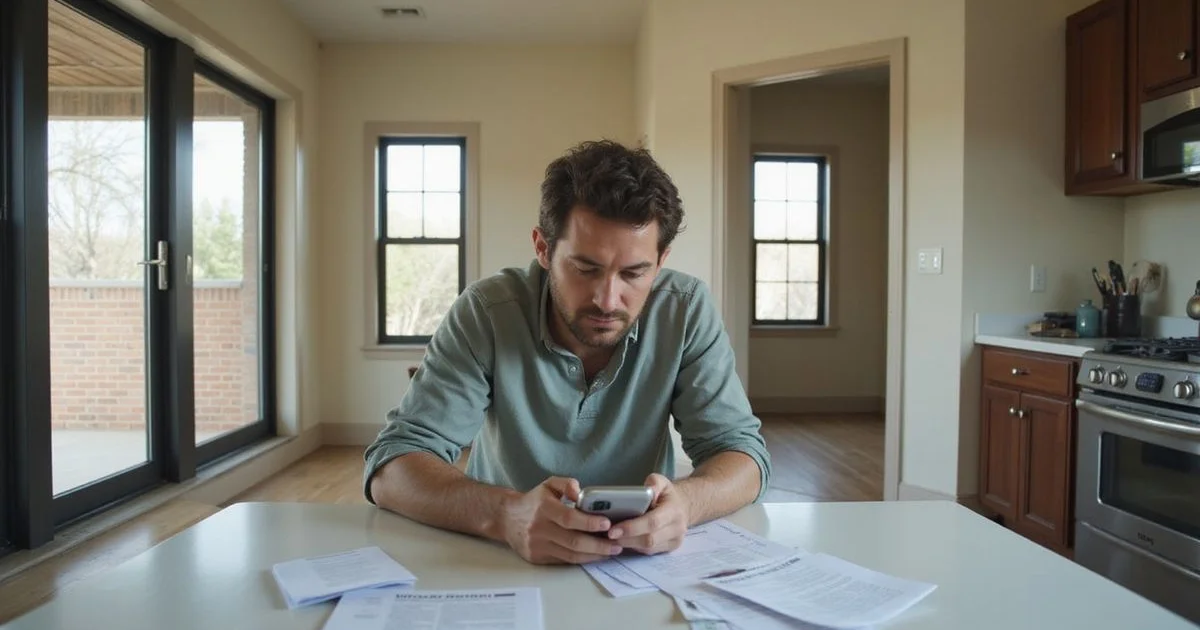 A renter reading a denial email on a phone at a kitchen table