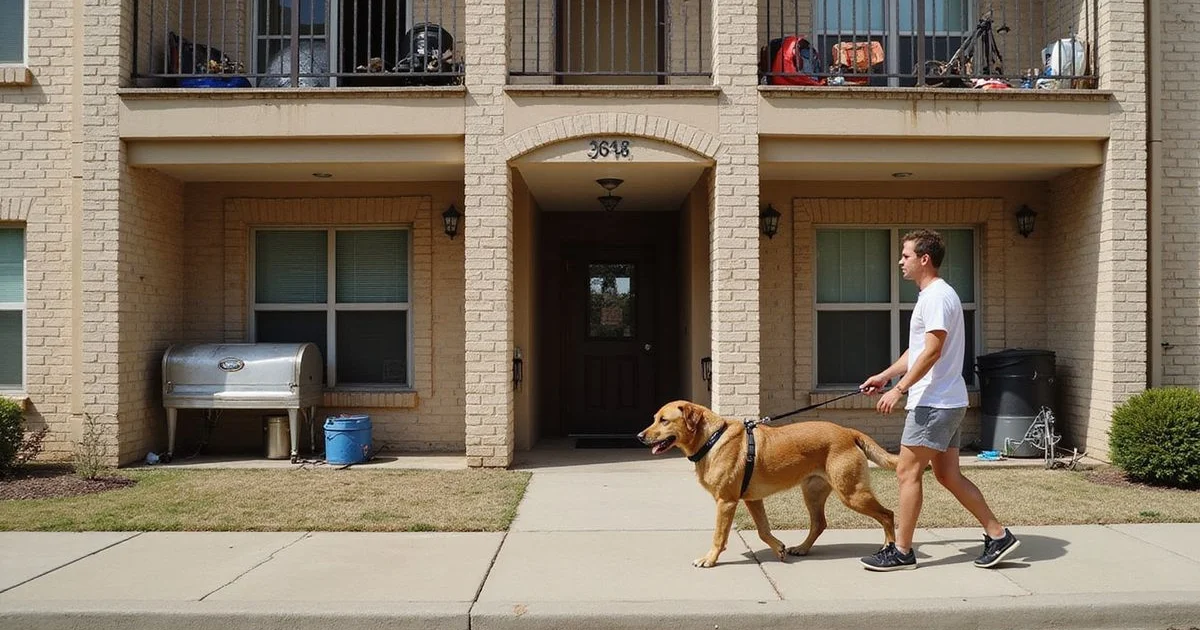 Someone walking a large dog past a Fort Worth apartment facade