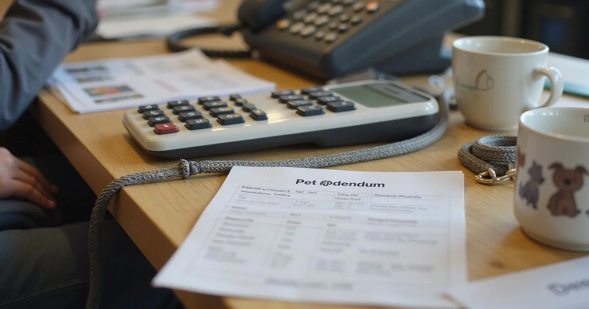 A pet addendum and a calculator on a leasing office counter beside a dog leash