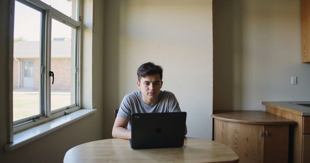 A renter working through an apartment application alone at a kitchen table