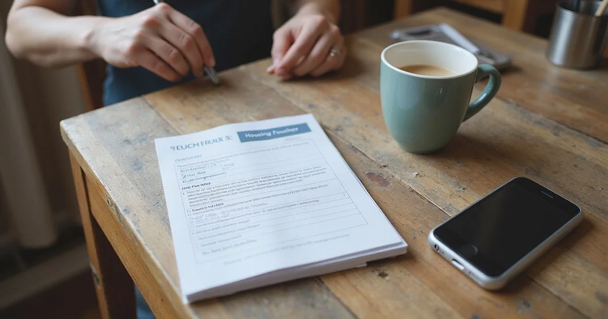 A renter reviewing a housing voucher packet at a kitchen table