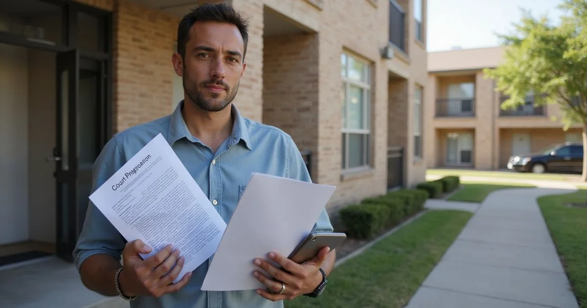 A renter holding court paperwork outside a Fort Worth apartment building