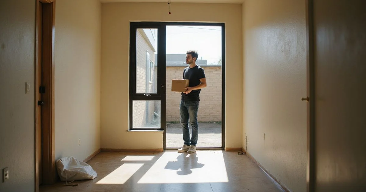 A renter standing in the doorway of a bright Fort Worth apartment holding a box