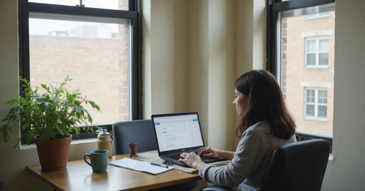 A self-employed renter working at a desk with invoices open on a laptop