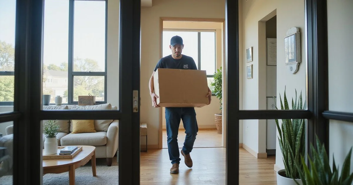 A service member carrying boxes into a bright Fort Worth apartment