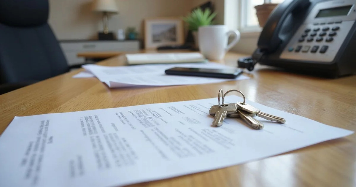 A signed lease and apartment keys on a leasing office counter